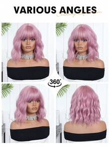 1顶女士短款波浪合成假发，冷棕色直发，带短刘海，14英寸长，适合日常佩戴，自然逼真，是万圣节、圣诞节、新年、狂欢节、音乐节、角色扮演和其他场合的理想之选，是送给女孩的绝佳礼物，也是夏季毕业礼物、乔迁礼物、万圣节和圣诞节礼物的完美选择。 - 粉色 - 查看 8
