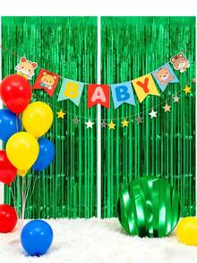 4pcs Metallic Foil Fringe Curtain Backdrop Decor, Party Background Metallic Foil Fringe Curtain, 1st Birthday Party Supplies, Baby Shower Decorations, Gender Reveal Party, Girl Baby Shower Decor - Green - View 2