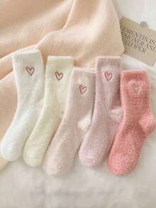 5 Pairs Bow Decor Fluffy Women's Crew Socks, Warm & Soft, Suitable For Autumn/Winter, Also An Ideal Gift - 粉色 - 查看 6