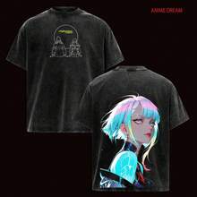 Cyberpunk Edgerunners David & Lucy Anime Double Printed Vintage Washed Tee Unisex Oversize Anime Manga Washed Heavyweight Cotton T-Shirt - 黑色 - 查看 1