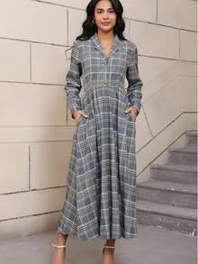 Plaid Elegant Formal Party Pocket Belt Button Evening Gown - Multicolor - View 6