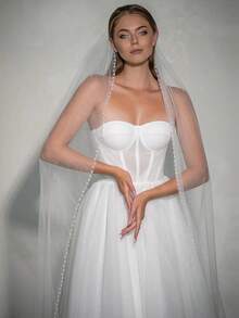 1pc Handmade Beaded Rhinestone Starry Glitter Bridal Veil, Suitable For Weddings, Wedding Photography, Holiday Gifts, Comes With Metal Hair Comb Valentine's Day Accessories - V - Xem 2