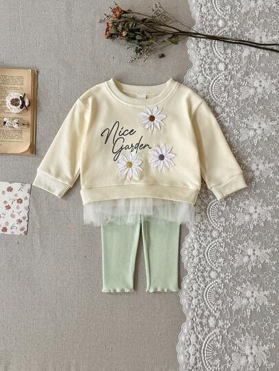 2pcs/Set Toddler Girls Flower Applique Mesh Hem Crew Neck Long Sleeve Sweatshirt + Green Pants, Spring/Autumn