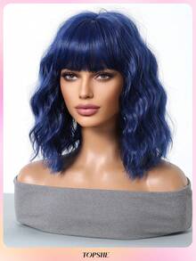 TOPSHE 12 Inch Blue Short Curly Wig With Bangs, Heat Resistant Synthetic Wig, Elegant Ladies Wig, Natural Looking, Suitable For Daily Wear, Halloween, Christmas, Cosplay, Valentine's Day, Gift, Carnival Costume - Blue - View 5