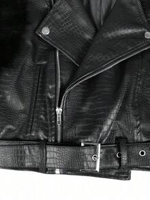 Women's Fashion Faux Fur Crocodile Print Jacket Collar Design Waist Belt Detail Zipper Closure - Black G0772 - View 10
