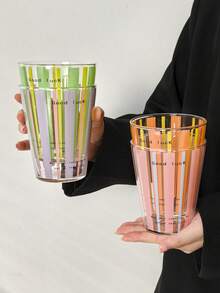 1pc INS Style Pink & White Striped "Good Luck" Blessing Glass Cup, Heat-Resistant Glass Cup For Home Breakfast, Milk, Oatmeal, Office Water Cup, Coffee Cup, Latte Art Cup, Juice Beverage Cup, Couple Water Cup, Holiday Gift - Multicolor - View 2