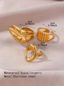 3pcs Set Gold-Plated Open Rings: Leaf Texture + Geometric Design, Suitable For All Women's Outfits - Gold - View 2