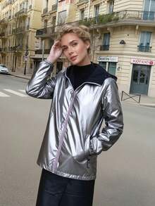 女士豹纹连帽外套 - 双向拉链设计，适合春秋季穿着 - 户外活动的理想之选 - 銀色 - 查看 6