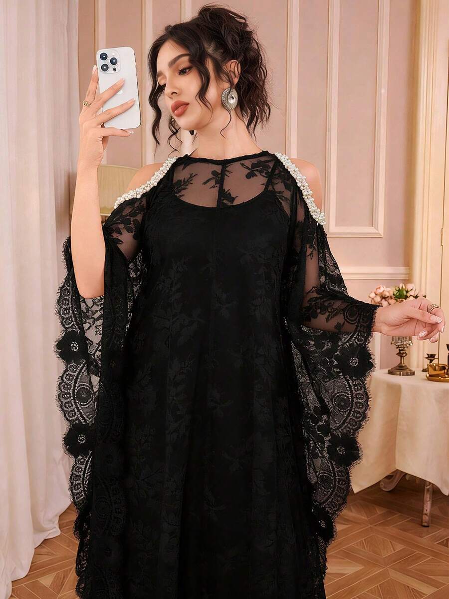 Women's Solid Color Round Neck Dropped Shoulder Faux Pearl Decor Detail Elaborate Beaded Lace Long Sleeve Set, Paired With Slip Dress, Elegant Arabic Style Dress, Suitable For Daily, Casual, Party Occasions, Soft & Comfortable Spring Vacation Black - Black - View 1