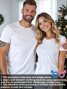 (Paquete individual) Camisetas a juego para parejas de Navidad - Diseño de cuernos de Navidad, perfectas para fiestas navideñas, atuendos festivos, ropa de pareja de temporada, ropa casual de vacaciones, tela cómoda, material transpirable, camisetas de Navidad - Pieza única - Blanca - Para mujer - Ver 3