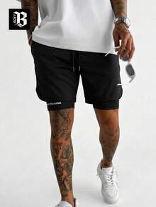 两件套舒适男士二合一短裤，柔软透气面料，双层KEFR字母印花抽绳短裤，街头风，可机洗，适合日常通勤和外出穿着。 - 彩色 - 查看 2