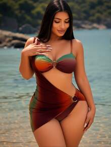 "2026 Must-Have Ombre Red-Brown & Green One-Piece: Stretch Fabric, Sling Strap & Cutout Detail Swimwear" - 彩色 - 查看 3