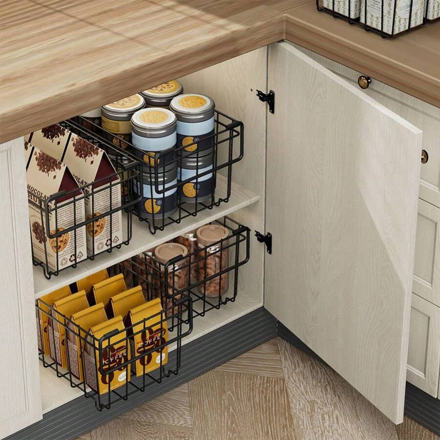 Chest Freezer Baskets, 4/6 Pack Stackable Chest Organisers Baskets With Folding Handles For 198L Sort Frozen Foods, Add Space Easy Access Food From Bottom(Black) - warna: 4 buah - View 1
