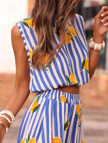 Bộ đồ ZIMO gồm áo không tay và chân váy maxi xẻ tà cạp chun kiểu Bohemian in họa tiết chanh, cổ tròn, chất liệu vải dệt in sọc chanh, trang phục thường ngày cho kỳ nghỉ hè. - Màu xanh lam - Xem 2