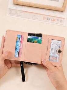 女士短款拉链三折刺绣时尚新款多卡位手拿包钱包适合日常使用返校礼物毕业礼物生日礼物女士礼物钱包迷你钱包钱包小钱包可爱钱包腕带钱包 - 黑色 - 查看 4