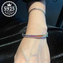 Colorful Gradient S925 Silver Bracelet - Rainbow Gemstone With Full Diamonds, High-Quality Elegant Design, Highlight For Women's Outfits