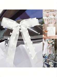 48pcs White Lace Bow Ribbons Wedding Car Rearview Mirror & Chair Back Decorative Bow Ribbons DIY Gift & Floral Packaging Heart-Shaped Bow Ribbons Suitable For Weddings, Parties, And Home Decor - White - View 1