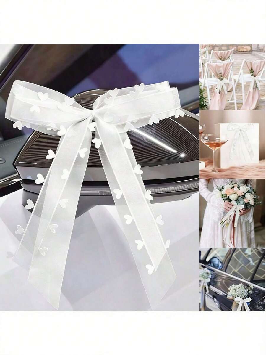 48pcs White Lace Bow Ribbons Wedding Car Rearview Mirror & Chair Back Decorative Bow Ribbons DIY Gift & Floral Packaging Heart-Shaped Bow Ribbons Suitable For Weddings, Parties, And Home Decor - White - View 1