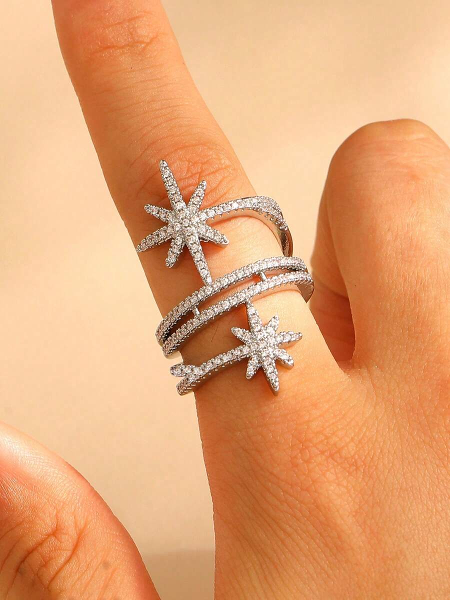 1pc Luxury Elegant High-End Crystal Octagonal Open Ring - Silver - View 1
