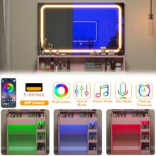 CollaredEagle Vanity Desk With Illuminated Mirror & Power Outlet, Bedroom Dresser LED Mirror Stepless Dimmable & 3 Color Modes Adjustable, LED Tempered Glass Top, Large-Capacity Storage Shelving - 粉色 - 查看 7