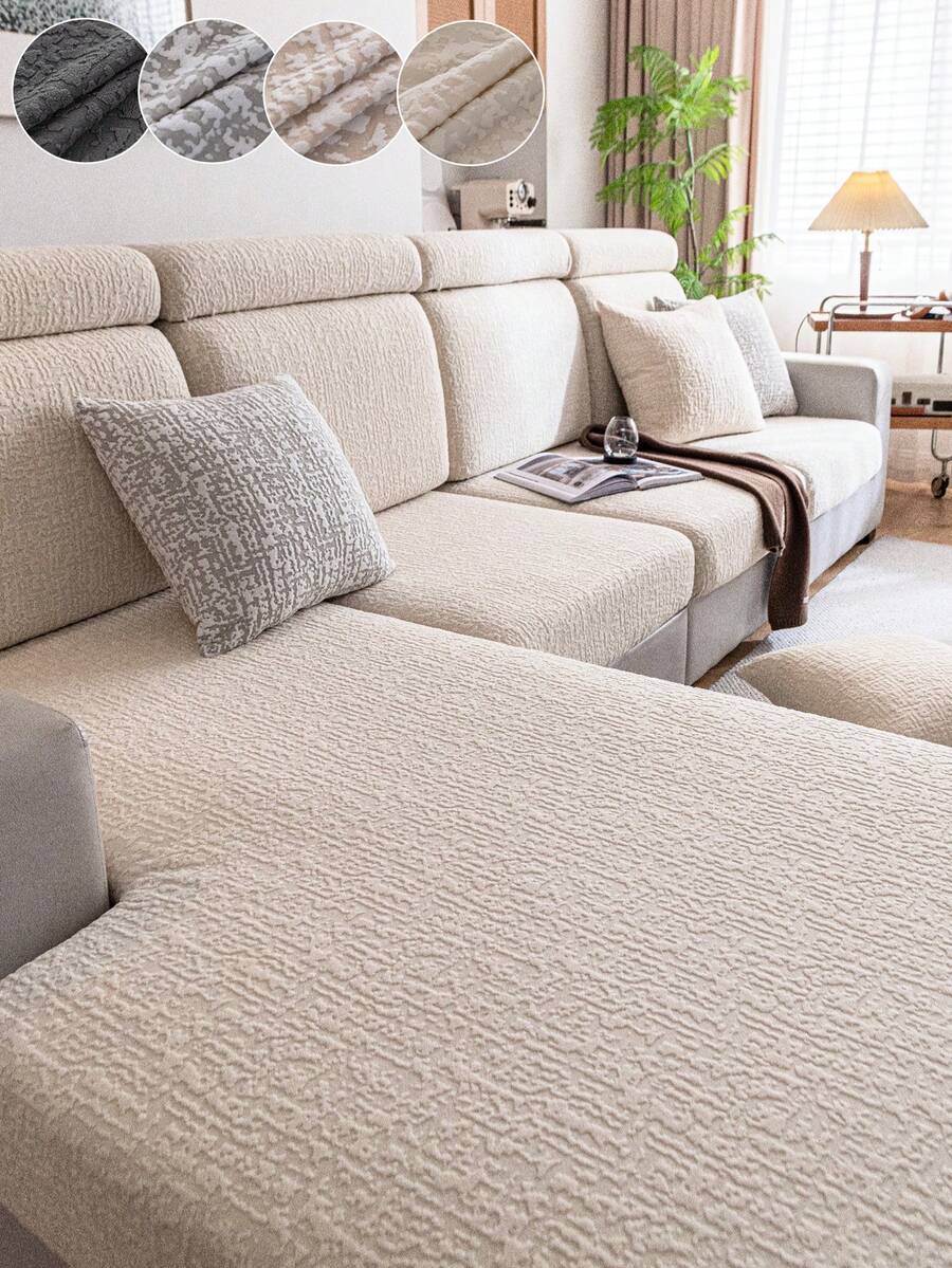 1件装毛绒提花防滑沙发座垫套，柔软亲肤，防宠物抓挠，弹性沙发套，适用于L型组合沙发和1/2/3/4人座沙发，春秋季（单独出售） - 米色 - 查看 1