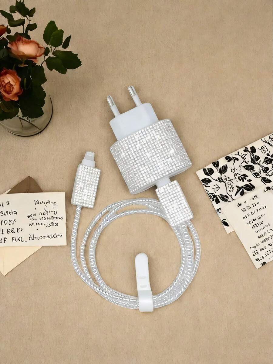5pcs/Set Fully Rhinestoned EU Plug Data Cable Protector, Compatible With Apple EU Plug New Rhinestone Encrusted Charger, High-End Rhinestone Data Cable Protective Case, Sparkling Rhinestone Data Cable Protector, Gift For Friends, Ramadan Small Accessory Gift - Silver - View 1