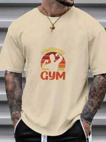 Essential White Cotton T-Shirt With Gym Pattern - Khaki - View 1