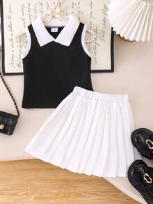 2件套女童运动风翻领无袖背心和白色百褶裙套装，夏季 - 黑色 - 查看 2