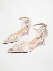 Summer New Lace Closed Toe Sandals Women, Thin Heel Pointed Toe Ankle Strap Elegant High Heels,Kitten Heels - Beige - View 4