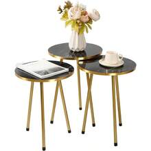 Set Of 3 Modern Chic Round Wood/Metal Nesting End Stacking Coffee Bedside Tables In 3 Colours (Black) - Black - View 2