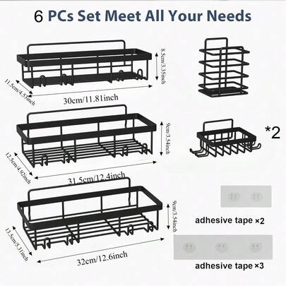 Set da 6 portaoggetti da doccia, mensole organizzatrici per interno doccia, cestelli adesivi da parete per bagno in acciaio inossidabile antiruggine per shampoo, set di accessori per bagno, colore nero.