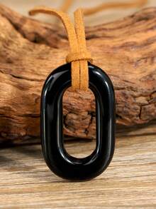 Natural Stone O-Shaped Pendant Necklace, Vintage Geometric Ellipse Design, Suede Cord, Unisex Couple Jewelry - Multicolor - View 13