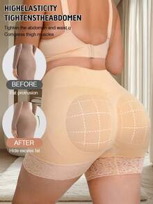1pc Plus Size Shapewear Bottom, High Waist Tummy Control Slimming Pants With Boned Hem And Lace Body Shaping - Apricot - View 5