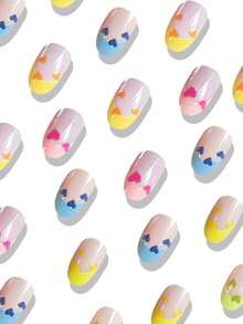 24片圆形按压式假指甲 白色 短款 彩色 爱心法式假指甲 情人节美甲