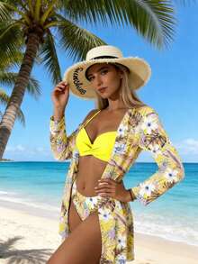 Women's Kimono Beach Cover-Up Set + Floral Bikini - Yellow - View 1