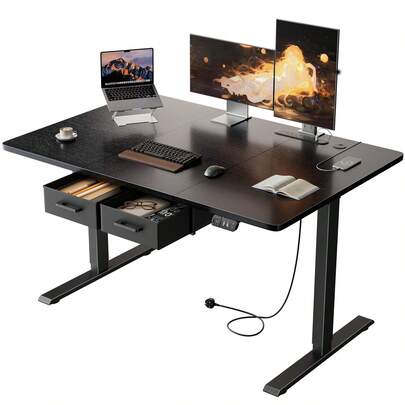 Electric Standing Desk With Built-In Outlet & Storage Fabric Drawer, Adjustable Height Computer Desk With 2 Memory Modes,Stable Sit-Stand Desk With Charging Station,Spacious Workstation For Home Office
