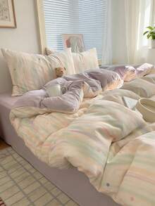四件套彩色渐变波点床上用品，韩式清新浪漫舒适，亲肤双层雪纺床品（1个被套+1个床单+2个枕套），卧室装饰，情人节/节日礼物，派对装饰，不含被芯和枕芯，枕套图案随机裁剪 - 淡紫色 - 查看 11