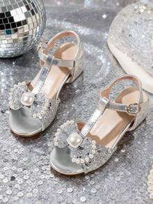 1 Pair Girls' Dreamy Crystal Chunky Heel Sandals, Round Toe Open Toe, Silver Glitter Princess Style High Heels With Bow & Rhinestone, Suitable For Parties, Gatherings, Performances - Silver - View 4
