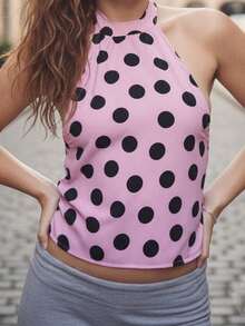 Womens Summer Halter Neck Tops Dot Print Sleeveless Backless Slim Fit Vest for Daily Wear and Party - Rosa - Ver 2