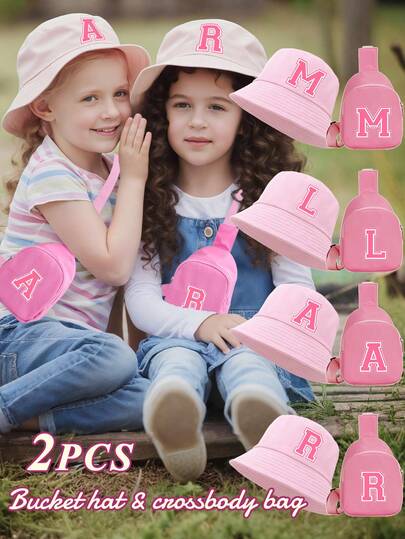 2顶粉色女童26字母渔夫帽套装，时尚个性，可防晒，小巧便携，方便收纳，实用礼品套装，适合春夏户外活动、日常佩戴、徒步旅行、钓鱼等。