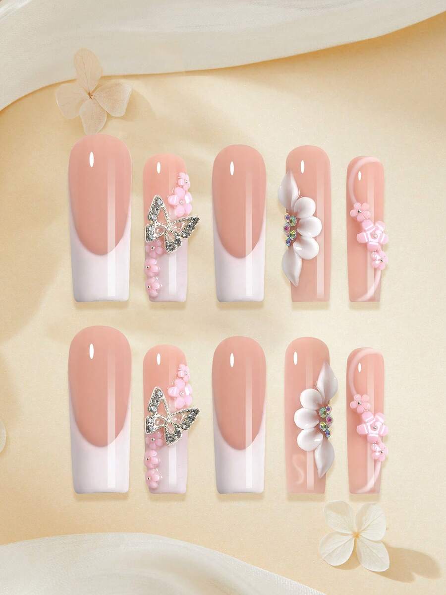 10片手工长棺材形美甲贴纸，法式粉色花卉撞色滴落设计，饰以3D白色金属蝴蝶和花卉滴落图案，时尚、可爱、优雅，适合女孩和女士在工作、派对和日常生活中佩戴，美甲用品，情人节礼物，手工按压式美甲贴片 - 彩色 - 查看 1