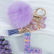 Cute Pom Pom Sequin Letter A-Z Resin Tassel Keychain, Wallet & Handbag Charm, Chain Backpack Pendant, Car Hanging Ornament, Girl Gift, School, Car Accessories, Gothic Y2k - Purple - View 9
