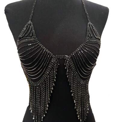 Cuier 1件闪亮全镶钻镀银流苏性感女士身体链文胸