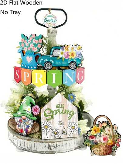 13pcs/Set Hello Spring Wooden Layered Tray Decoration, Flower Basket Gnome Spring String Flag Design Decoration, Ideal Spring/Easter Gift, Garden, Home, Desktop, Party, Atmosphere Decoration (No Tray)