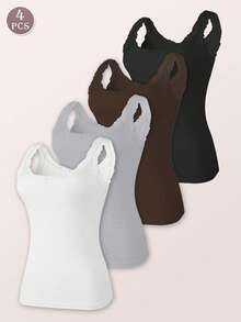4pcs/Set Women Solid Color Lace Trim Decor Crew Neck Sleeveless Tank Top Vest Camisole - Multicolor - View 2