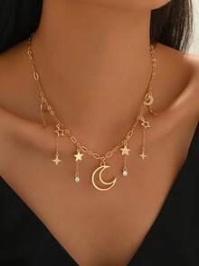 1条新款创意多吊坠项链，饰有中东新月和星星吊坠，多层设计，适合节日、休闲、旅行和度假佩戴。 - 金黃色 - 查看 4