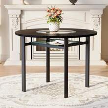 Modern Minimalist Round Dining Table, 100 Cm Diameter, Black Wood Grain On The Tabletop, Suitable For 2-4 People (With Grey Glass Insert And Metal Stability Frame). - Black - View 4