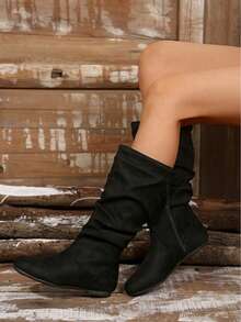 2025 Autumn & Winter Women Flat Round Toe Mid-Calf Boots, Anti-Slip, New Design Slim Slouch Boots With Side Zipper,Boots For Women,Fashionable Women's Long Boots, Knee-High Boots, A Must-Have For Winter,Boots For Women - 黑色 - 查看 3