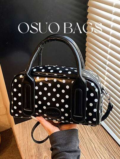 新款时尚休闲百搭甜美可爱黑白波点手提包，适合外出、通勤、购物，女士波士顿包