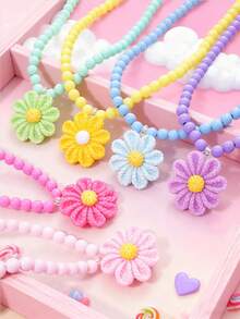 1pc Children's Cute Flower Beaded Pendant Necklace, Suitable For Girls' Daily Wear, Can Be Used As Holiday Or Birthday Gift - Multicolor - View 8